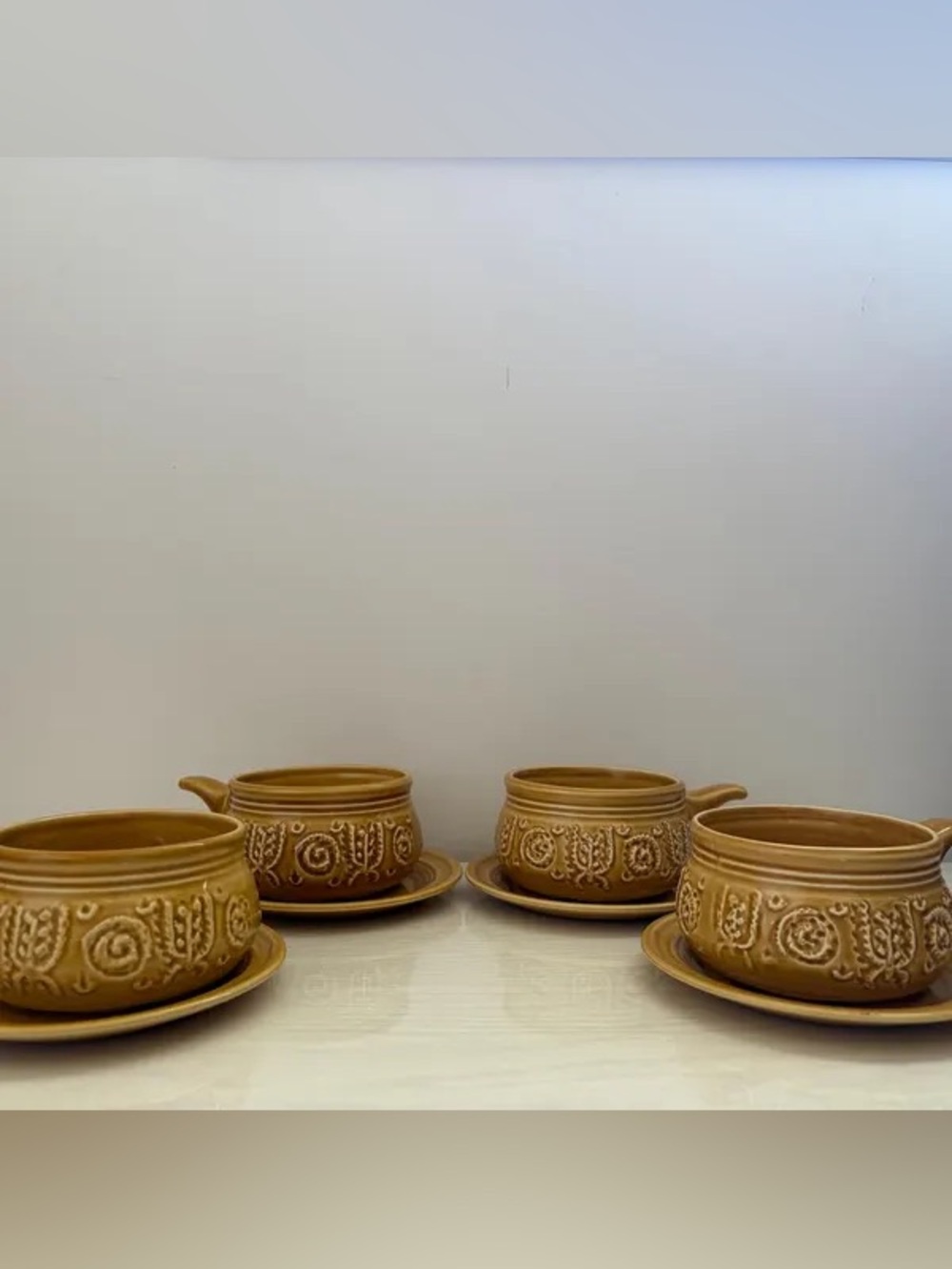 Set of Four Embossed Ceramic Soup Bowls with Saucers - Mustard Brown
